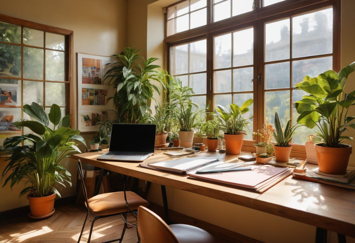A vibrant, sunlit workspace filled with artistic tools, notebooks, and a laptop, surrounded by lush plants symbolizing growth and joy. Include diverse content creators happily collaborating, sharing ideas, and brainstorming together, with beams of light illuminating their workspace. Use warm, inviting colors to evoke a sense of community and inspiration. super-realistic. vibrant colors. natural light.