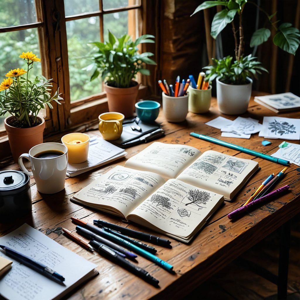 An open journal with colorful, handwritten notes and sketches spilling onto a wooden table, surrounded by art supplies like markers and paintbrushes. A cozy, inviting atmosphere with a coffee cup and a blooming plant in the background. Soft natural light filters through a nearby window, creating a warm glow. The scene conveys inspiration, creativity, and personal expression, inviting viewers to dive into their own journaling journey. vibrant colors. super-realistic.