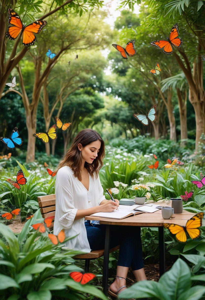 A serene landscape depicting a diverse group of bloggers of various backgrounds engaged in expressive writing at a tranquil park. Each person is surrounded by vibrant flora, symbolizing growth and well-being, while words and ideas float around them like colorful butterflies. The scene embodies inspiration, connection, and creativity in the blogging community. super-realistic. vibrant colors. natural setting.